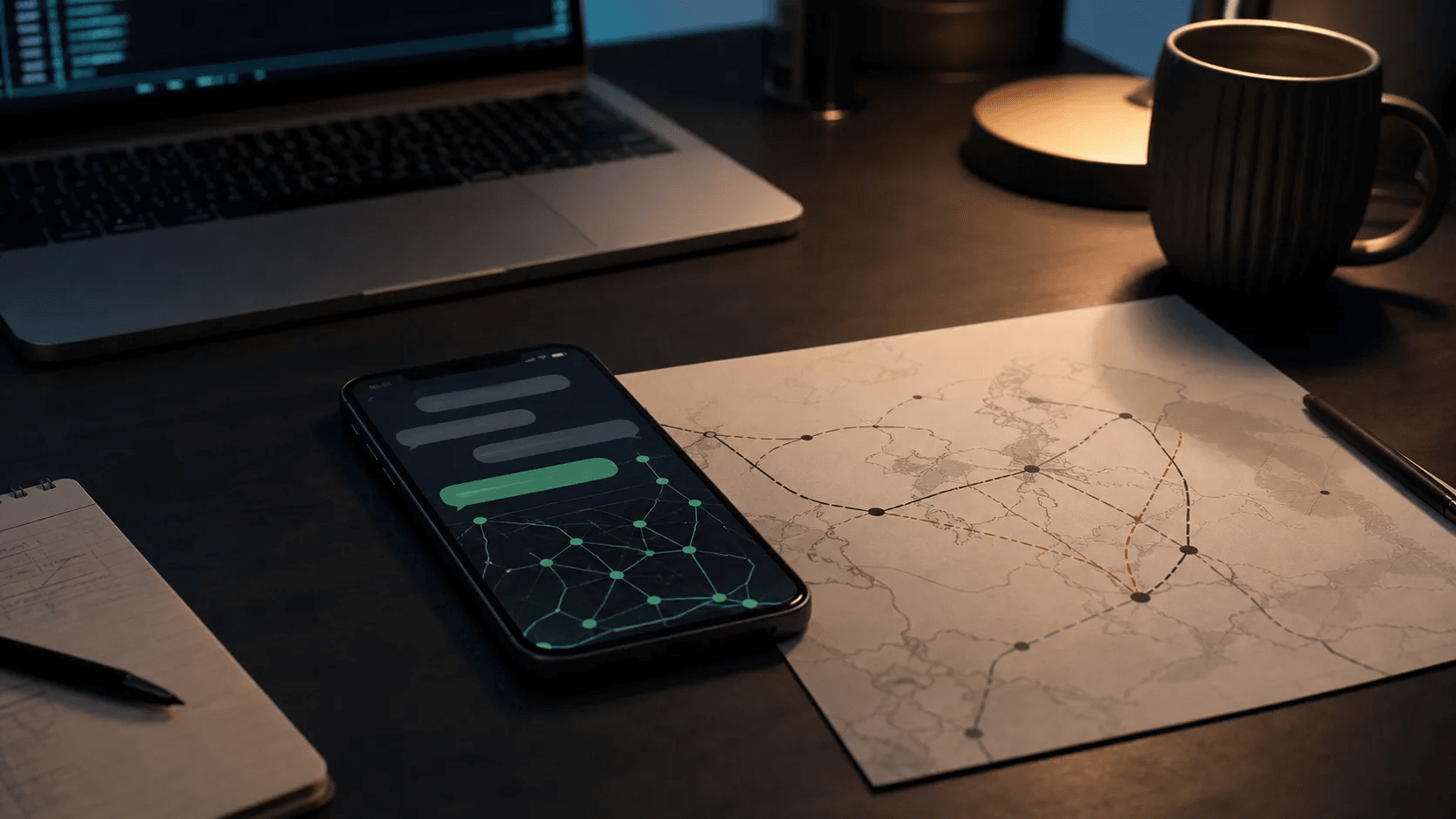 Phone with encrypted chat bubbles beside a network route map showing resilient message paths.