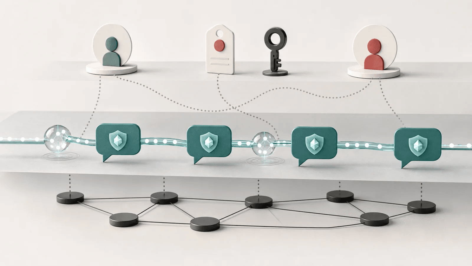 Layered encrypted message bubbles separated from identity tags and network nodes, representing anonymous messaging privacy.
