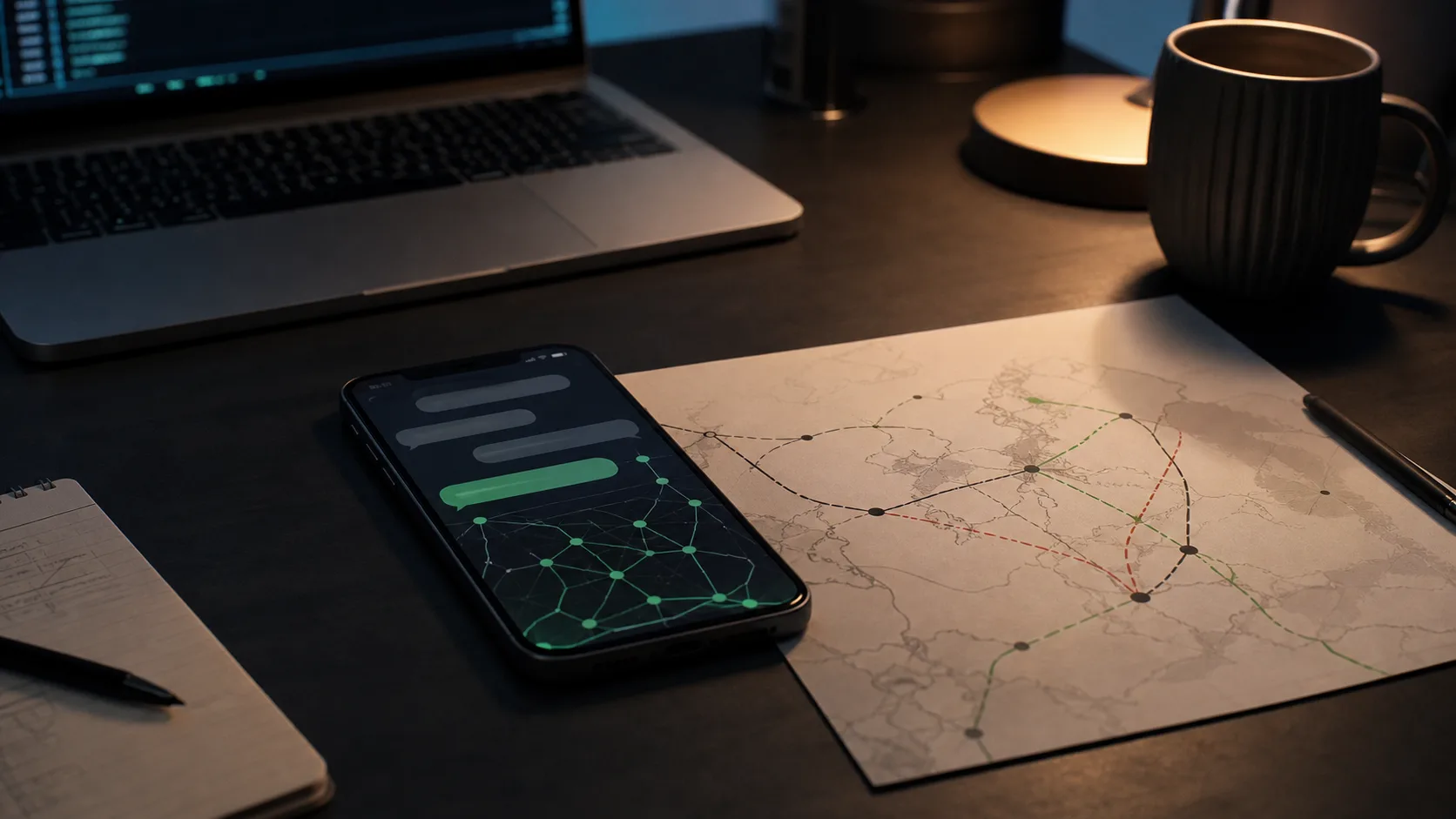 Phone with encrypted chat bubbles beside a network route map showing resilient message paths.