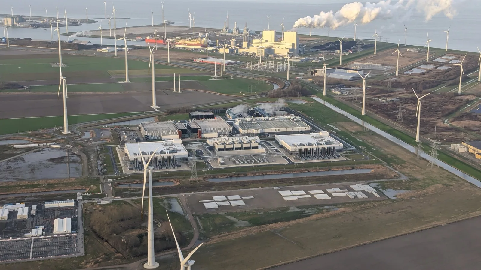 Aerial view of a data center in the Netherlands, showing physical infrastructure behind messenger jurisdiction.